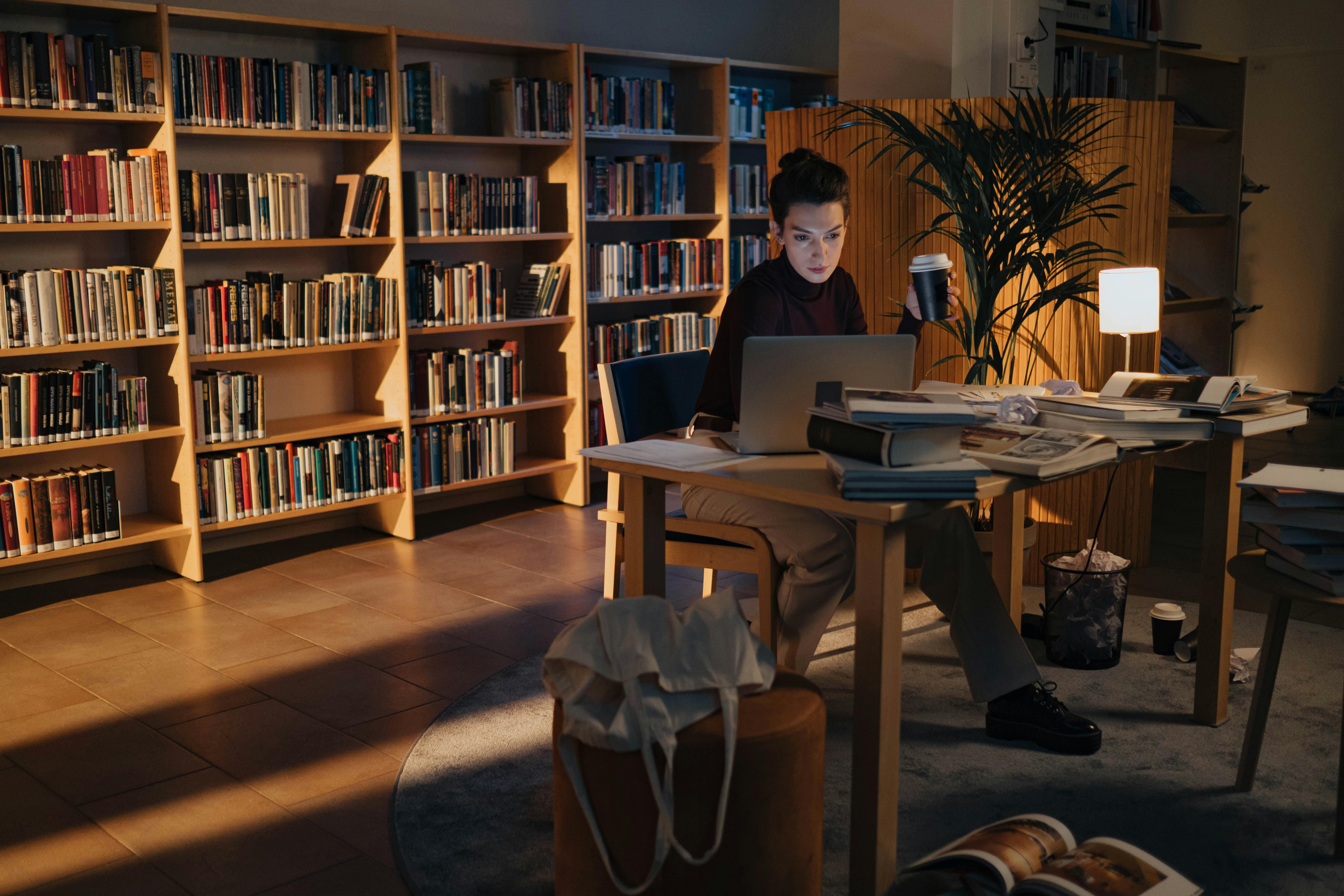 Library room with deep atmospheric materials