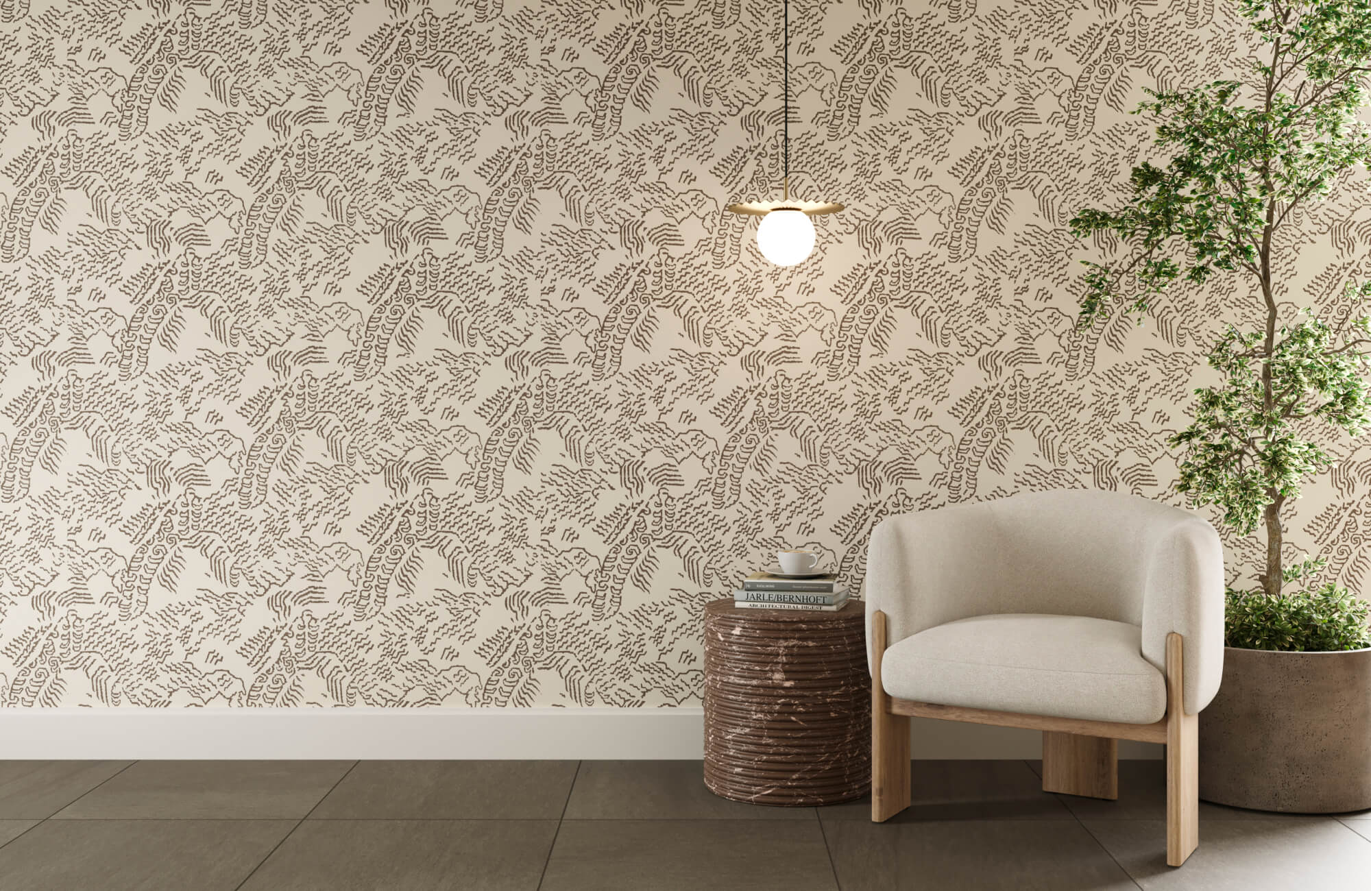 Elegant wallpapered interior with a soft patterned wall and lounge chair